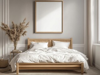 A large wooden bed with a white comforter