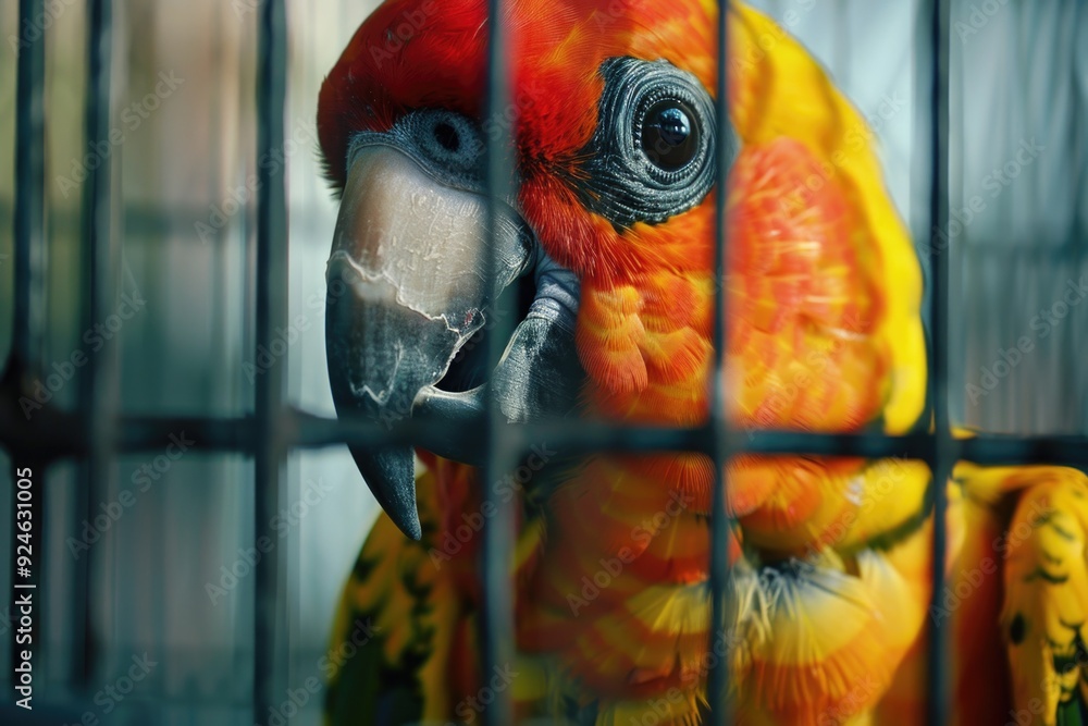 Poster a colorful parrot perched in its enclosure, with vibrant feathers on display