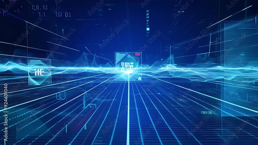 Poster vivid motion graphic of a blue digital grid with lines and numbers providing a glimpse into the comp