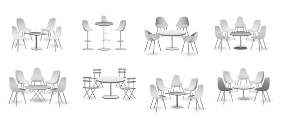 set of realistic trade exhibition chair and table or white blank exhibition kiosk or stand booth corporate commercial. 3D Render