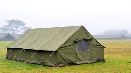 Military tent camp at an Indian army training base enveloped in dense fog