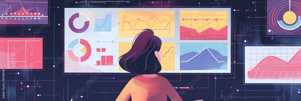 Poster an artistic illustration of a woman in an abstract setting, viewing and analyzing various data chart