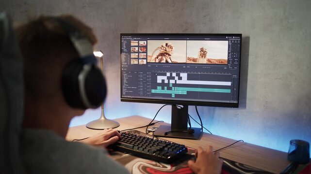 Teenage boy wearing headphones edits video or movie on PC. Interface of professional video editing or filmmaking software. Young film editor working remotely on freelance project on computer at home.