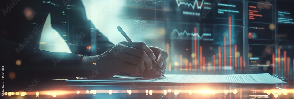 Poster a person writes notes on a paper as analytical data charts are displayed in the background, embodyin