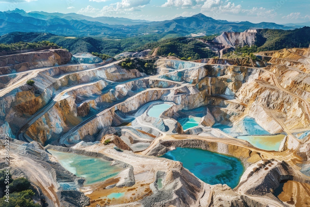 Aufkleber Aerial view of a quarry with a pool of water, suitable for use in landscape or architecture illustrations