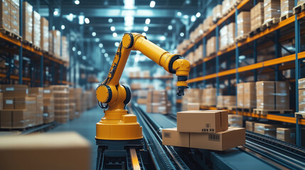 Automated robotic arm handles packages on a conveyor belt in a modern warehouse, emphasizing the role of robotics in streamlining logistics processes.