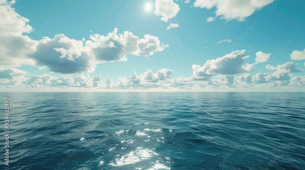 Poster a serene scene of a large body of water with clouds in the background