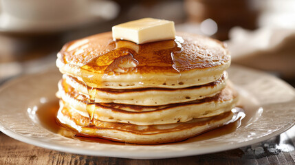 A classic American breakfast with fluffy pancakes stacked high, drizzled with maple