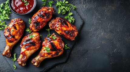 Plate of delicious barbecue chicken wings. Grilled chicken drumsticks with tomato sauce. Baked chicken wings in sweet and sour sauce with ketchup. Roast chicken wings BBQ. Fast food. Delicious food