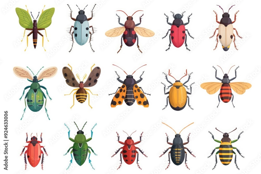 Poster Macro photography of various colored insects on a plain white surface