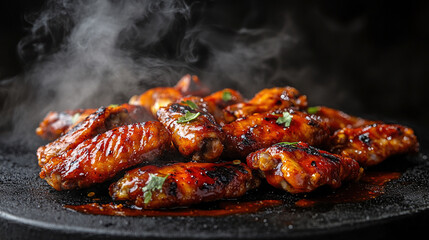 Roast chicken wings BBQ. Fast food. Baked chicken wings in sweet and sour sauce with ketchup. Plate of delicious barbecue chicken wings. Copy space area