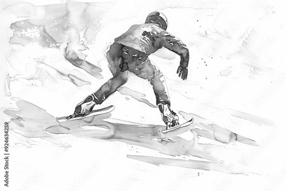 Sticker A person snowboarding down a snowy mountain trail, suitable for winter sports or adventure themes