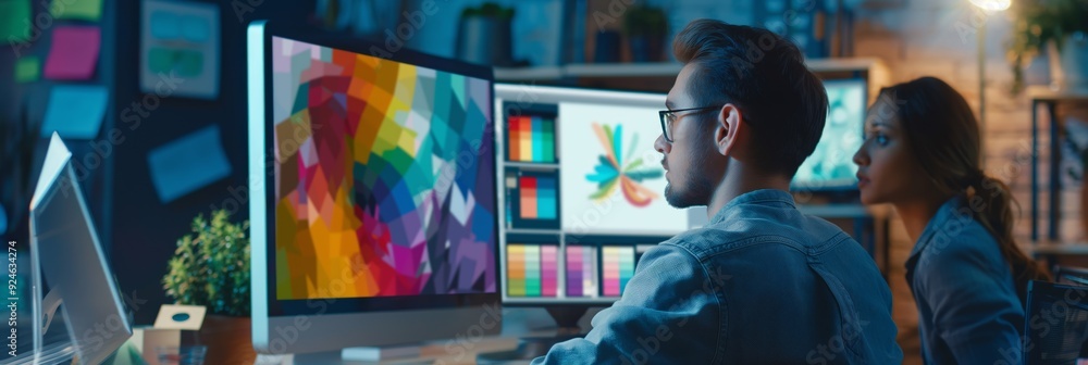 Poster a designer at a computer works on a colorful graphic project, with multiple screens showing a vibran