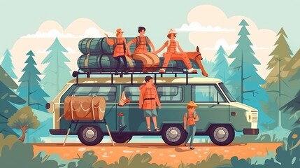A group of people are sitting in a green van with a dog on top