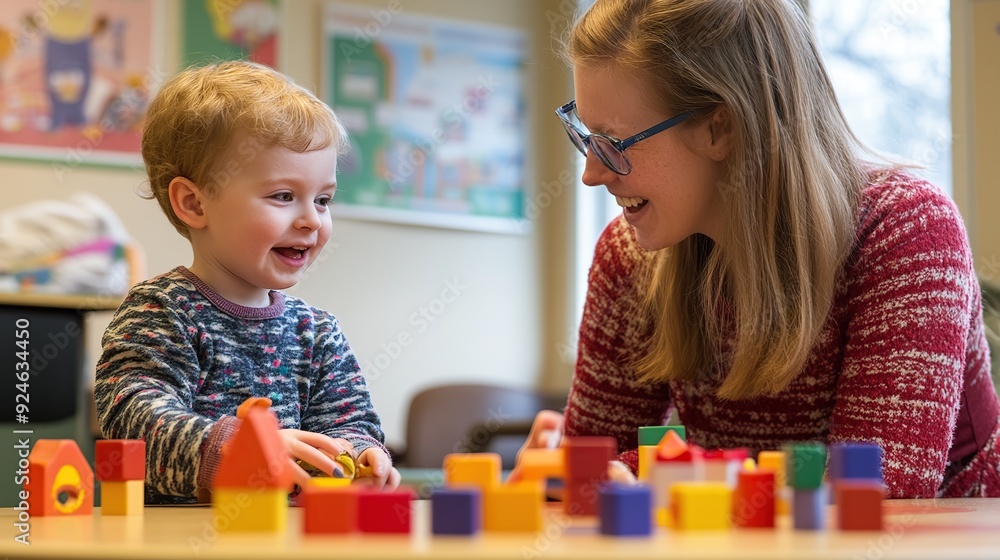 Poster an inclusive speech therapist works with a child with an autism spectrum disorder. copy space for te