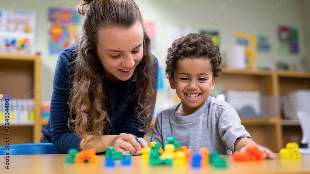 Poster an inclusive speech therapist works with a child with an autism spectrum disorder. copy space for te