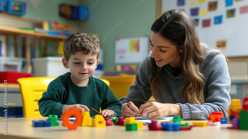 Poster an inclusive speech therapist works with a child with an autism spectrum disorder. copy space for te