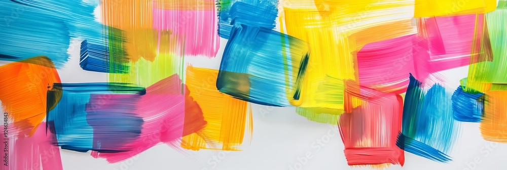 Poster an abstract painting features a mix of vivid brushstrokes in various bright colors, creating a dynam