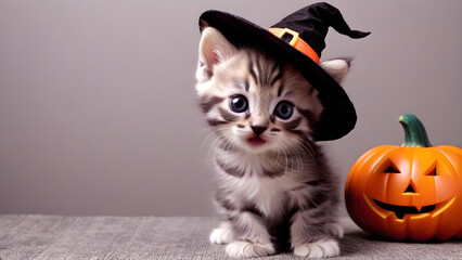 Adorable kitten wearing Halloween costume, adorable kitten on Halloween, Halloween background, cute pet on Halloween, pet halloween costume, ai generated