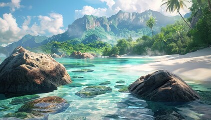 Fototapeta premium Tranquil Tropical Paradise: Beach, Mountains, and Crystal-Clear Waters