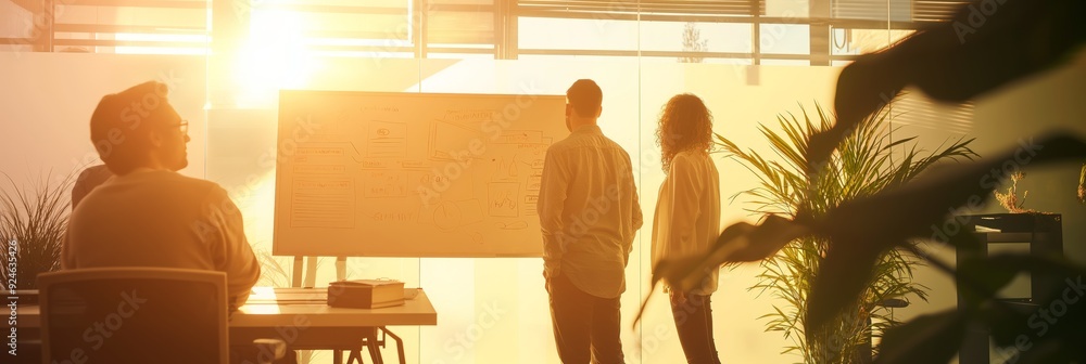 Poster two colleagues are discussing a project while standing at a whiteboard in a brightly lit office spac