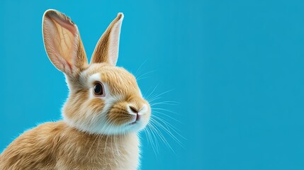 Obraz premium Cute Rabbit with Ample Space on the Left for Blue Blank Background, Minimalist Composition