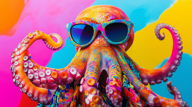 A vibrant octopus wearing sunglasses is surrounded by a colorful background in bright hues, showcasing a stylish look