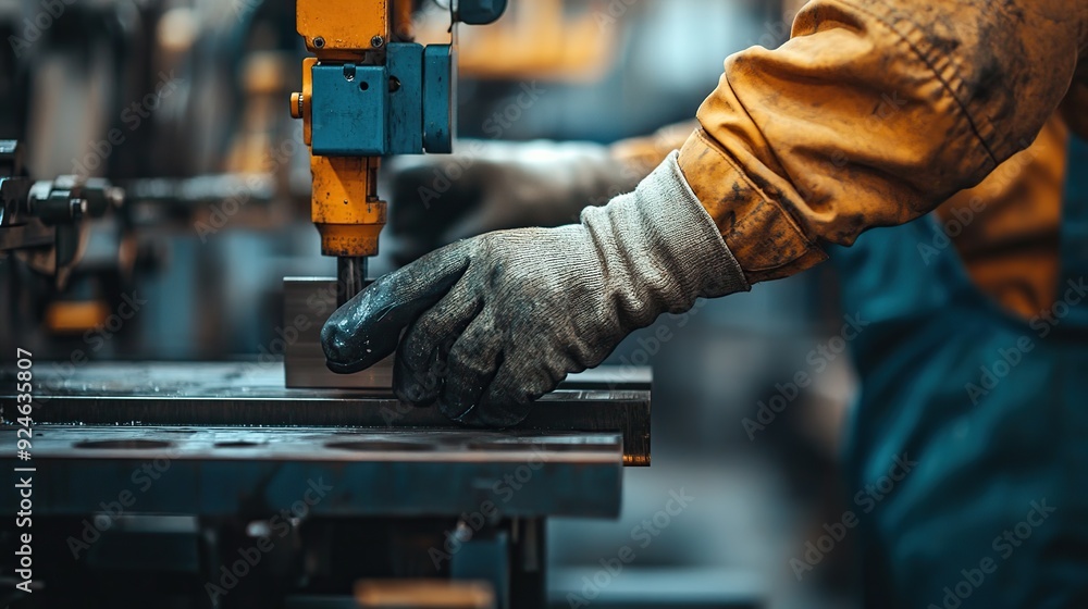 Aufkleber close-up of a worker's hands in protective gloves working on a factory machine. copy space for text.