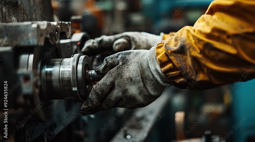 Poster close-up of a worker's hands in protective gloves working on a factory machine. copy space for text.