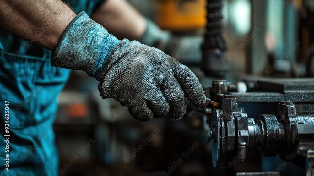 Poster close-up of a worker's hands in protective gloves working on a factory machine. copy space for text.