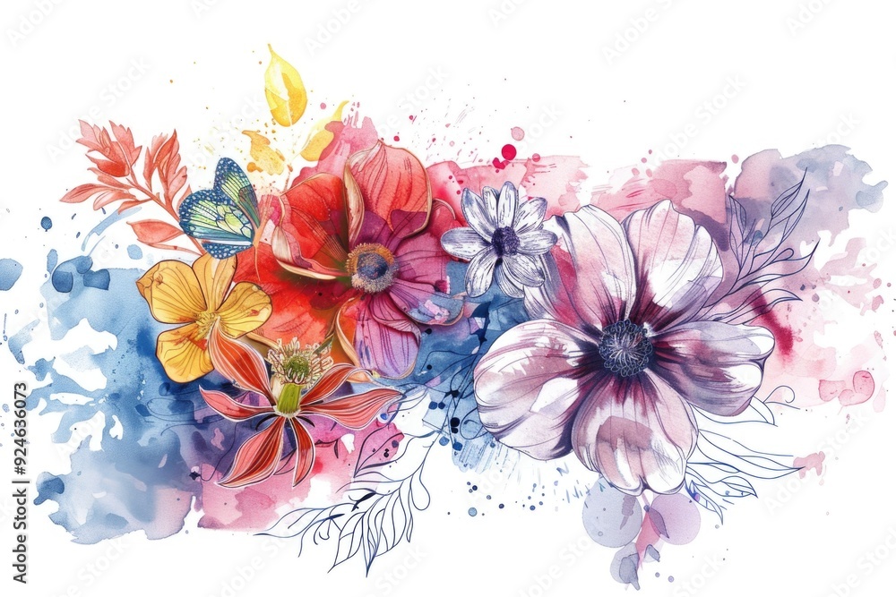 Poster watercolor painting of various flowers arranged on a clean white background, perfect for use in grap