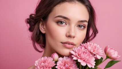 Naklejka premium Close-up portrait of a woman with pink flowers, set against a matching pink background, embodying beauty and femininity.