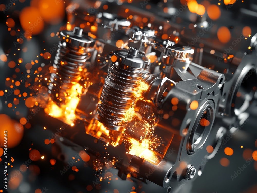 Poster dynamic v8 engine cg model with explosions and sparks moving pistons and mechanical parts in action