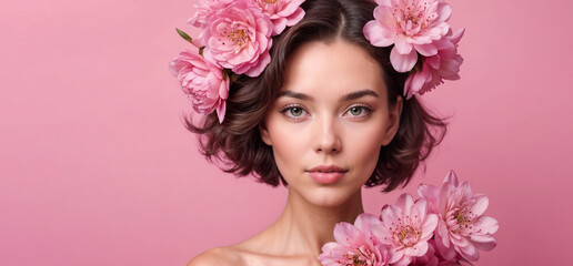 Close-up portrait of a woman with pink flowers, set against a matching pink background, embodying beauty and femininity.