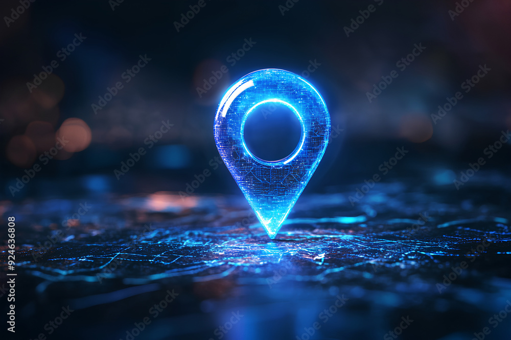 Poster abstract blue location dots or map pins on digital marketing technology innovation path, rendering 3