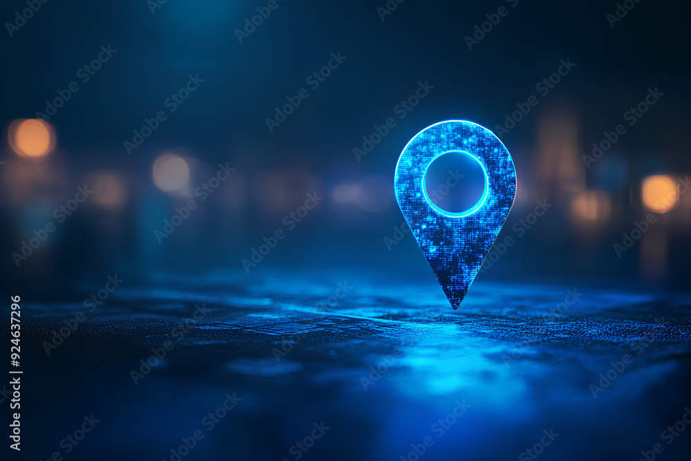 Poster abstract blue location dots or map pins on digital marketing technology innovation path, rendering 3
