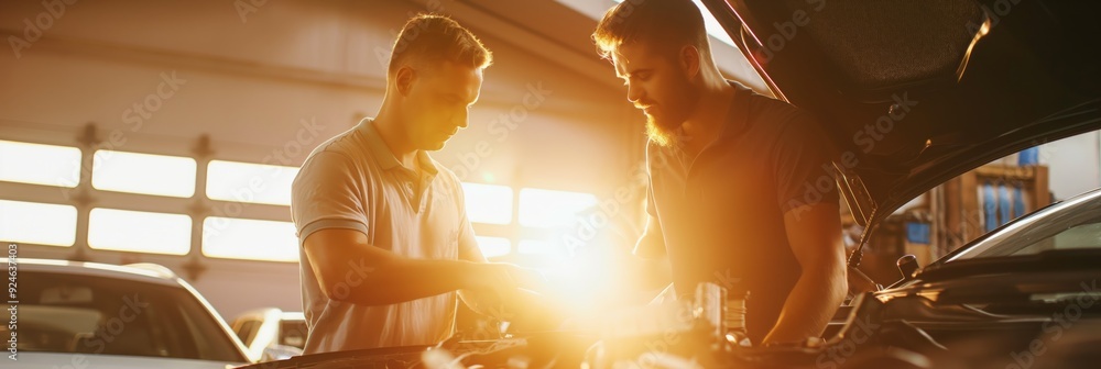 Poster mechanics reviewing a car's engine in a sunlit garage setting, focusing on details and possible issu