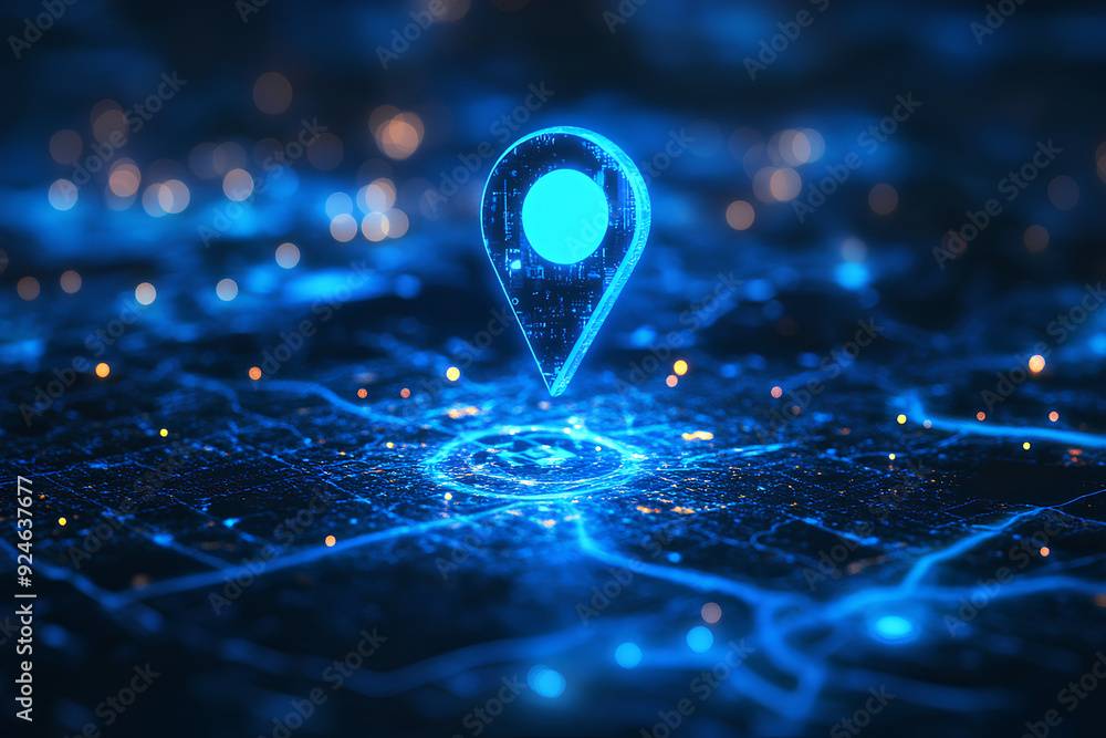 Poster abstract blue location dots or map pins on digital marketing technology innovation path, rendering 3