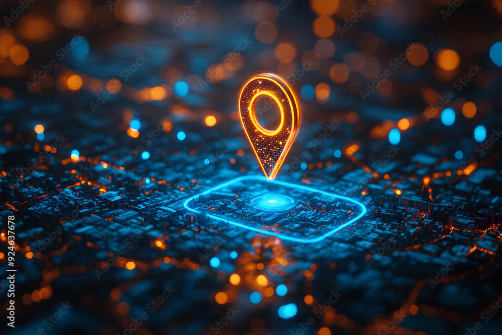 Poster abstract blue location dots or map pins on digital marketing technology innovation path, rendering 3