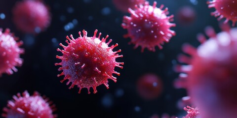 A close up of a red virus with a black background
