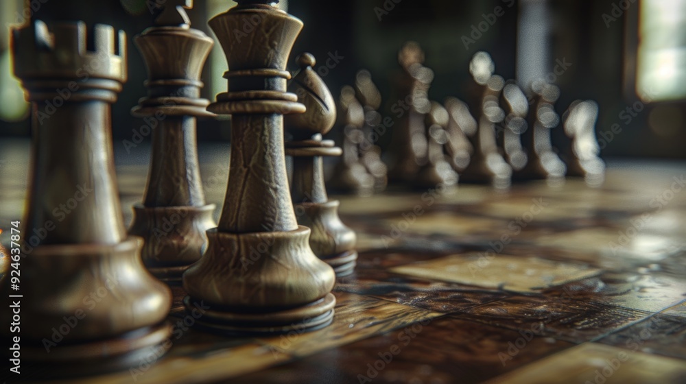 Poster A detailed view of a chess game in progress, perfect for illustrations or explanations about strategy and tactics