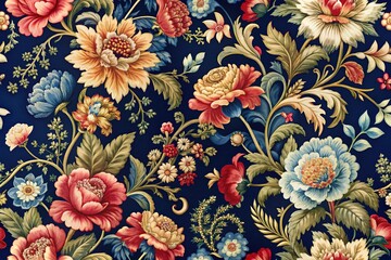 Navy Chintz Opulence: Rich navy chintz with an ornate floral pattern, conveying Victorian glamour and grandeur.