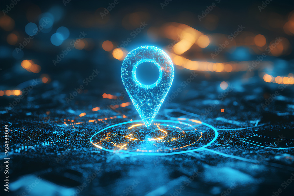 Poster abstract blue location dots or map pins on digital marketing technology innovation path, rendering 3