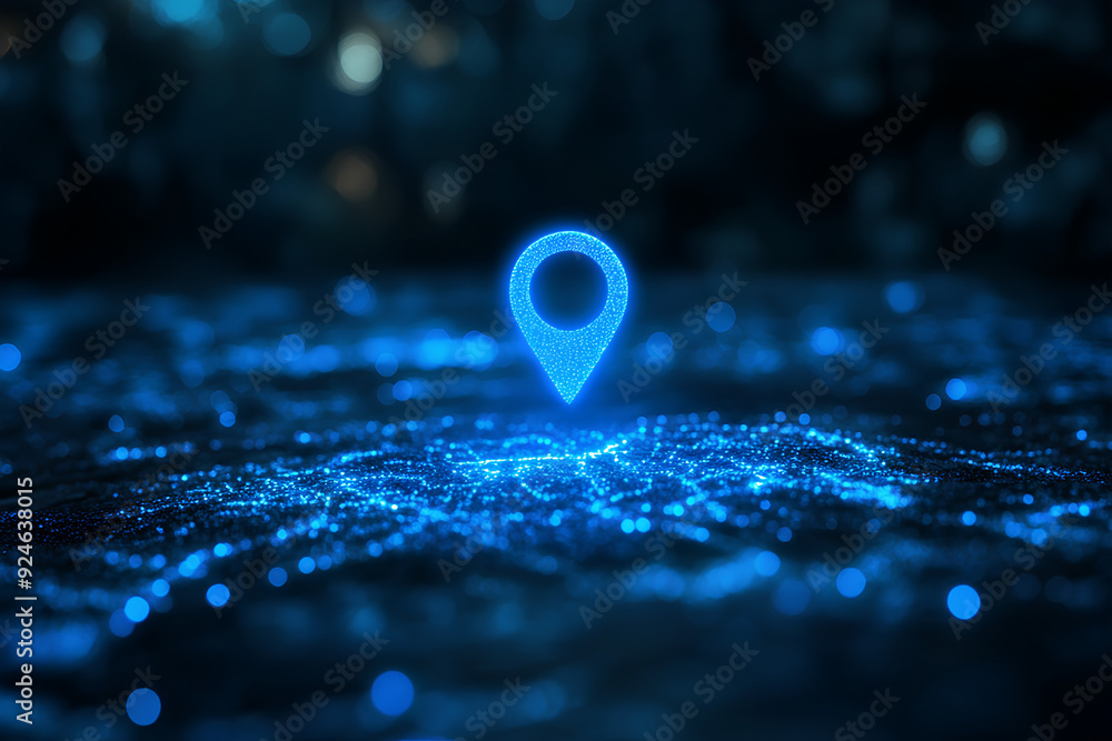 Poster abstract blue location dots or map pins on digital marketing technology innovation path, rendering 3