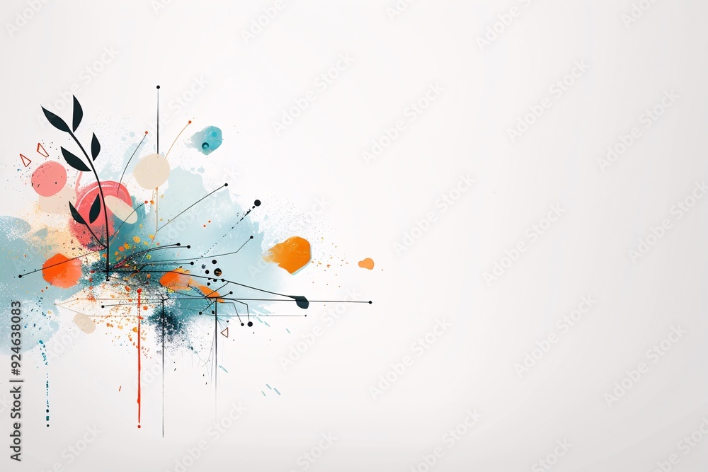 Poster a whimsical abstract design featuring playful doodles and splashes of color, providing an open area 