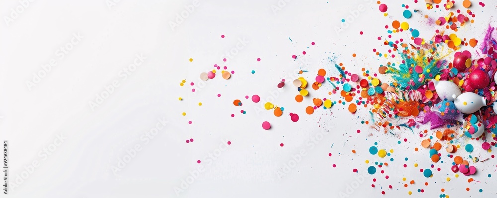 Poster an abstract design featuring a burst of colorful confetti on a plain background, offering a lively a