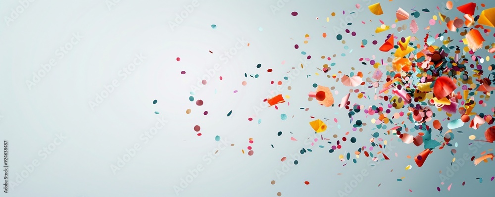 Poster an abstract design featuring a burst of colorful confetti on a plain background, offering a lively a
