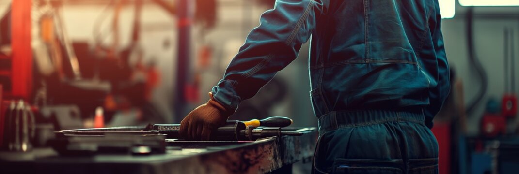 A worker in protective gear using hand tools on a workbench in a well-organized, modern automotive workshop environment focused on repairs.