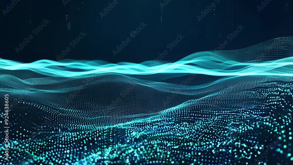 Poster a 3d visualizationing of a digital wave each particle representing data in a neverending flow.