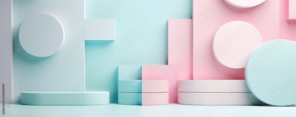 Poster a minimalistic abstract background with geometric shapes in pastel colors, creating a serene atmosph